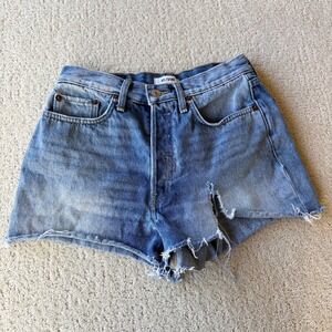 Revolve RE/DONE 70s High Rise Short Women 28 Blue Distressed Raw Hem Denim
